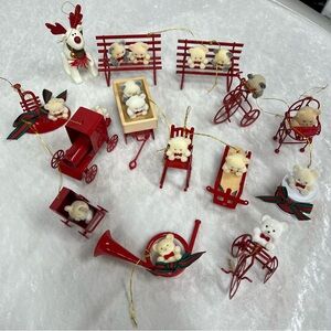 Vintage Avon Festive Red flocked teddy bear ornaments on red metal toy lot of 14